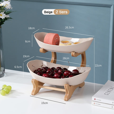 2/3 Tiers Plastic Fruit Plates With Wood Holder Stand