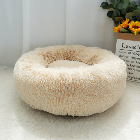 Fluffy Calming Dog & Cat Bed Long Plush Donut Sofa Bed House