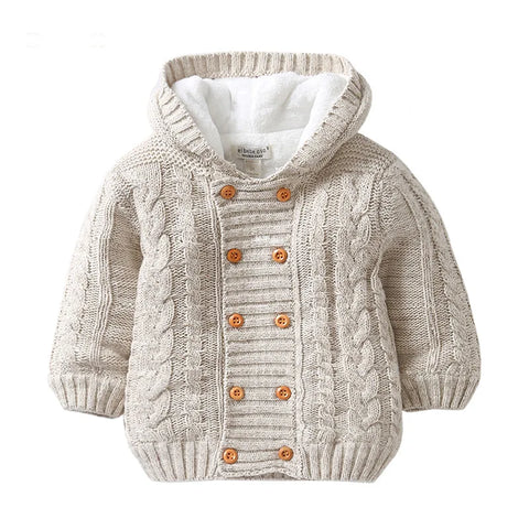 Hooded Cardigan Long Sleeve Fleece Lined Knitted Sweater for Kids
