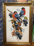 Red Bellies Magpies and Blackberries Cross Stitch Embroidery Handmade Needlework
