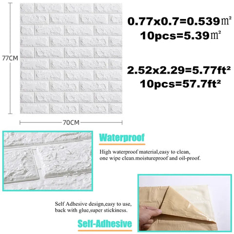 10PCS 3D Waterproof Self Adhesive Wallpaper Imitation Brick Plastic Sticker for Bedroom & Home Wall Designs