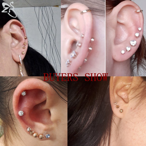 5 Style Crystal Stud Earrings Stainless Steel Tragus Helix Piercings