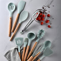 9/10/12PCS Non-stick Wooden Handle Silicone Cooking Utensils With Storage Box