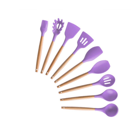 9/10/12PCS Non-stick Wooden Handle Silicone Cooking Utensils With Storage Box