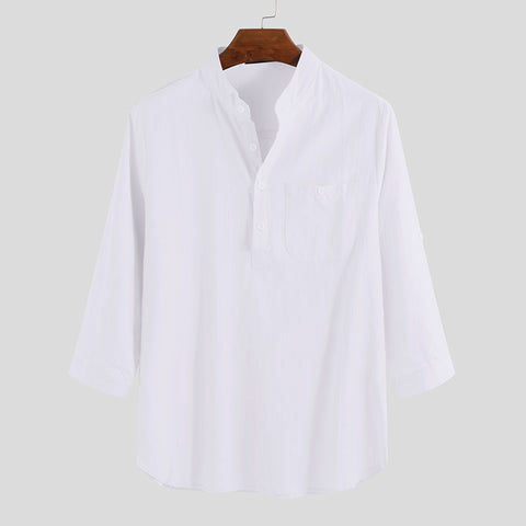 Men 3/4 Sleeve Cotton Collar Stand Shirt Cotton