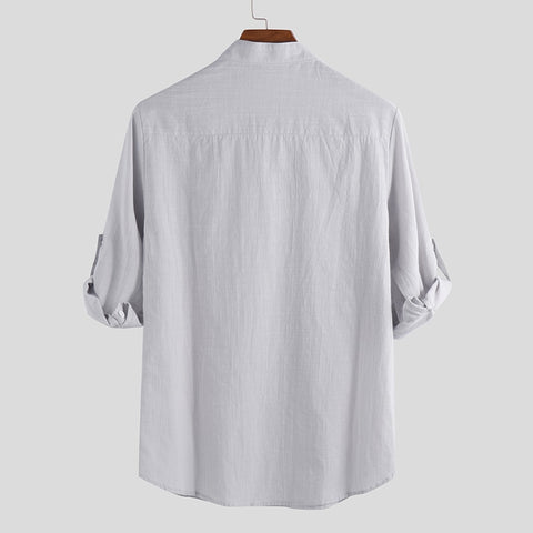 Men 3/4 Sleeve Cotton Collar Stand Shirt Cotton
