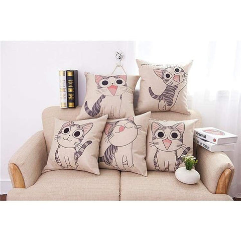 Cat Printed Cotton Cushion - Pillow Case