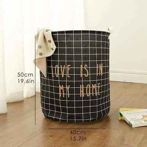 Graphic Print Round Cotton Linen Collapsible Storage Basket - Black grid-Large - Storage Baskets