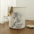 Graphic Print Round Cotton Linen Collapsible Storage Basket - Black Horse-Large - Storage Baskets