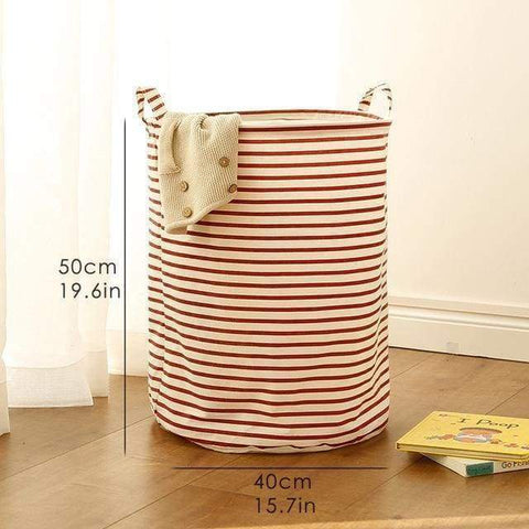 Graphic Print Round Cotton Linen Collapsible Storage Basket - Red stripe-Large - Storage Baskets