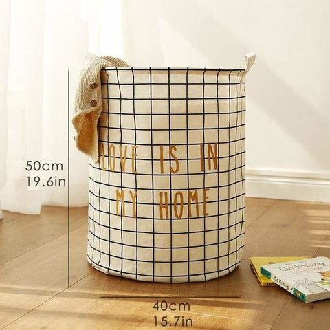 Graphic Print Round Cotton Linen Collapsible Storage Basket - White grid-Large - Storage Baskets
