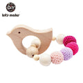 Wooden Teether Hedgehog Crochet Beads Wood Bead Baby Teether - Pink Bird