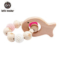 Wooden Teether Hedgehog Crochet Beads Wood Bead Baby Teether - Pink Fish